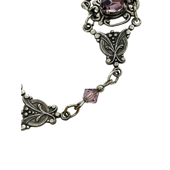 Sadie Green Vtg Bracelet Silver Tone Faux Amethyst Floral Filigree Panels Beads - Picture 8 of 16